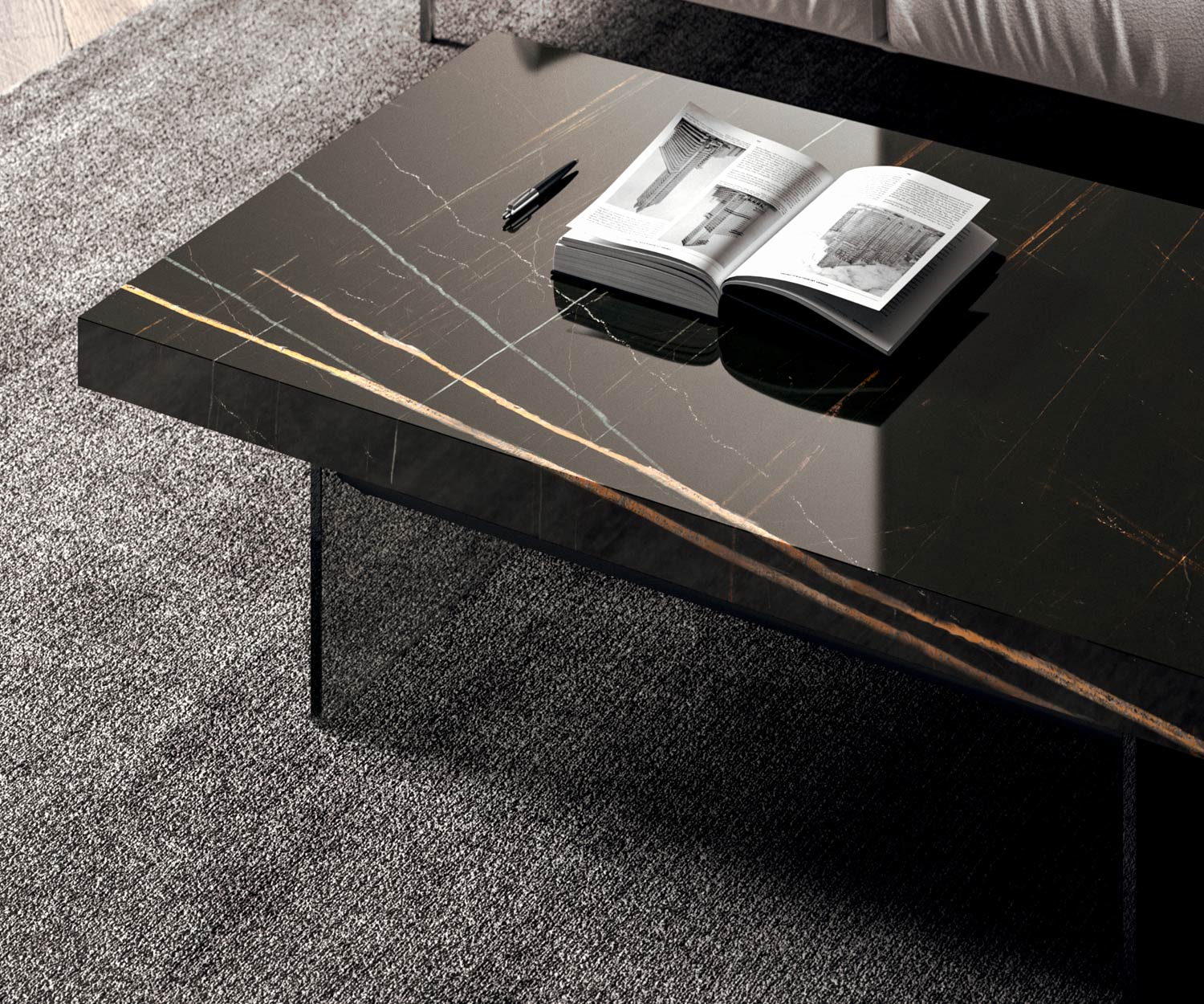 Detail Tischplatte Schwarz glänzend Marmor Glas vom Ozzio Couchtisch Bellagio