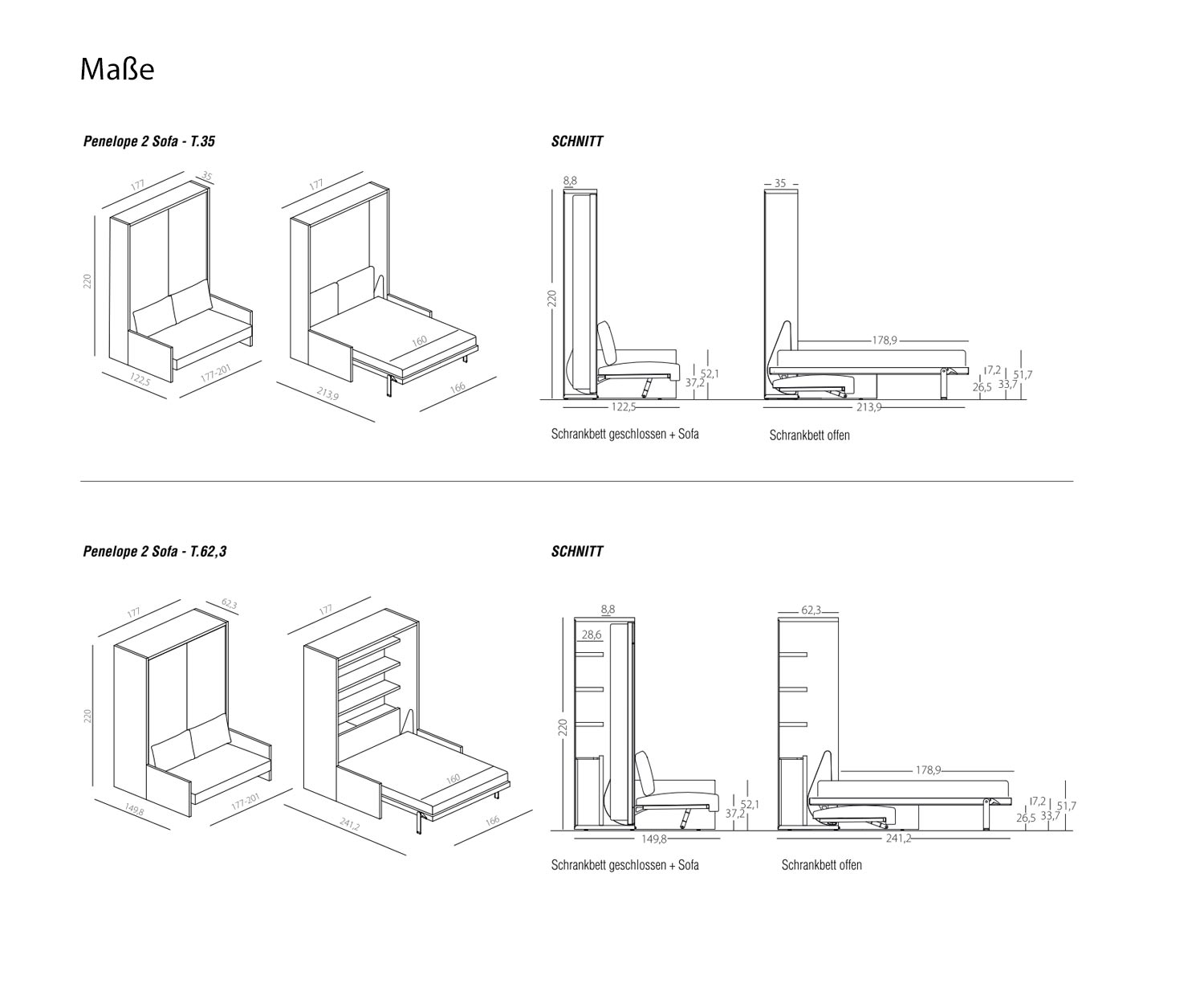 Clei Penelope 2 designer foldaway bed with sofa dimensions sketch