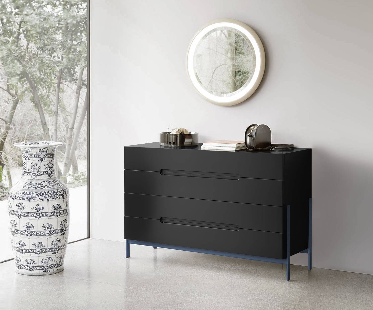 Exklusive Novamobili Float Design Kommode auf blauen Füßen in Schwarz