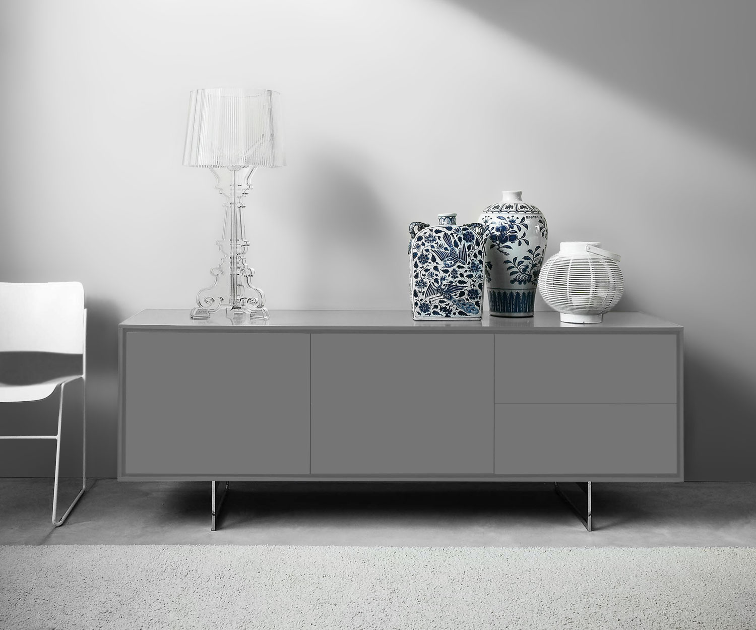 Exklusives Novamobili Sideboard Schatten 3 mit Schubladen in der Mitte Weiß Matt