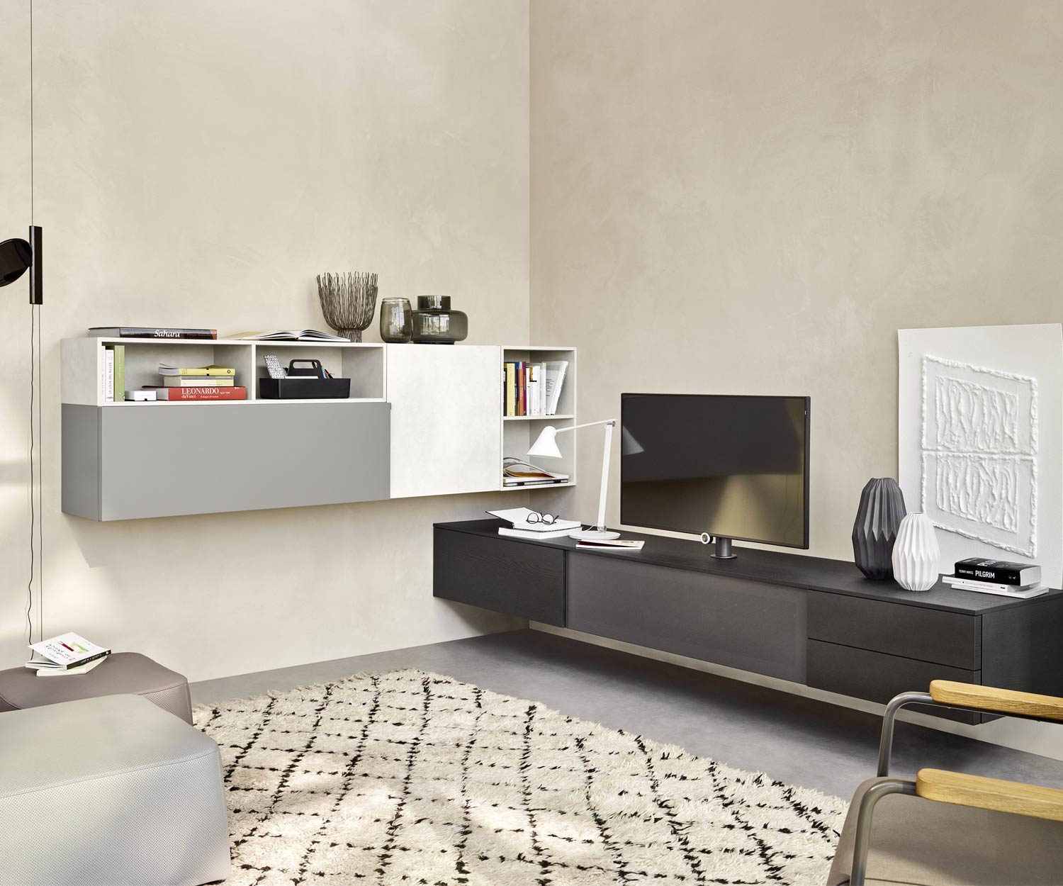 Livitalia Design wandmeubel C51 hoekmeubel in donker gebeitst eikenfineer