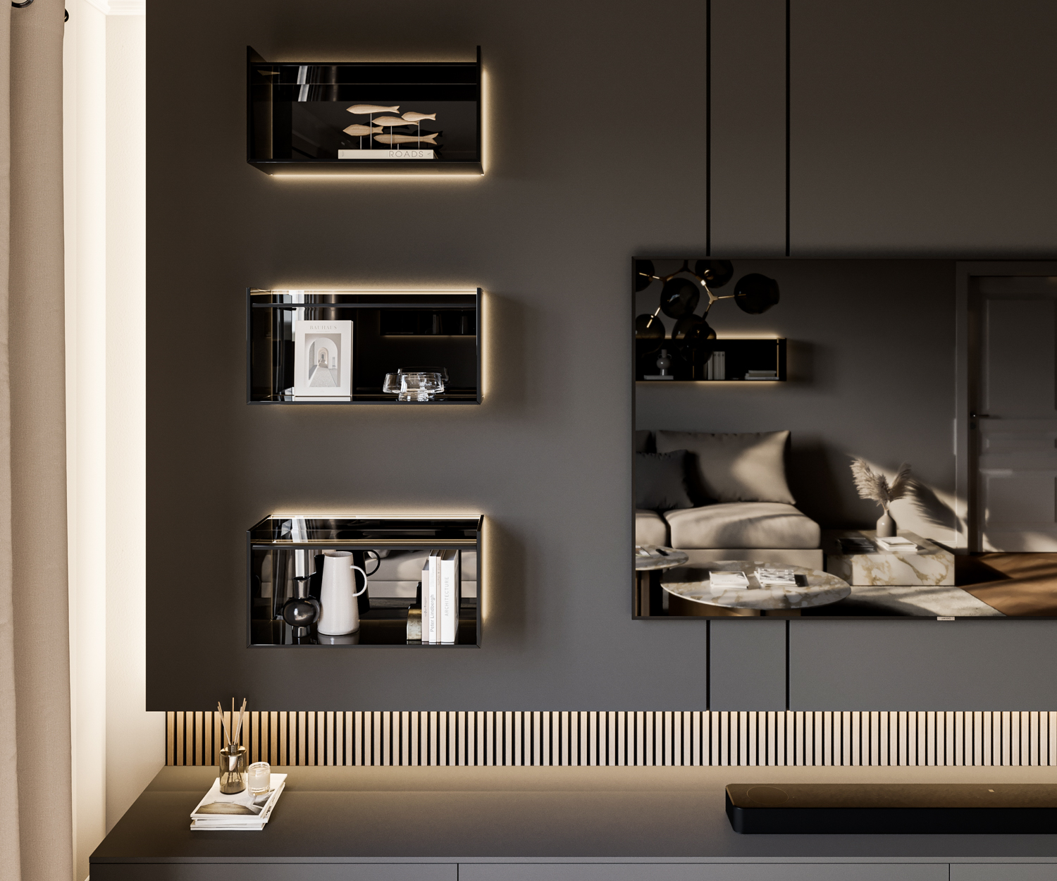 Beleuchtetes Glas Regal von Livitalia mit drei Fächern übereinanderstehenden Design Lowboard mit TV