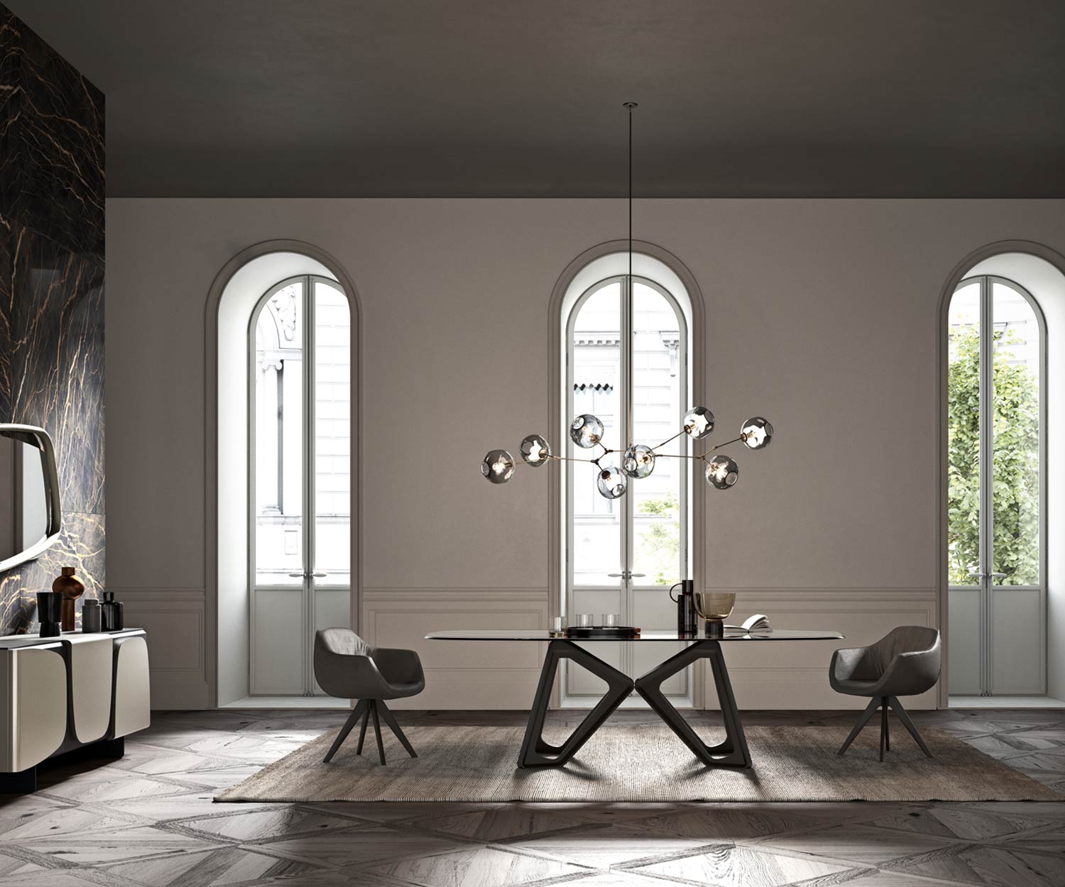 Wohnzimmer Tisch Ozzio Papillon Glas Tischplatte Gestell in dunkler Eiche