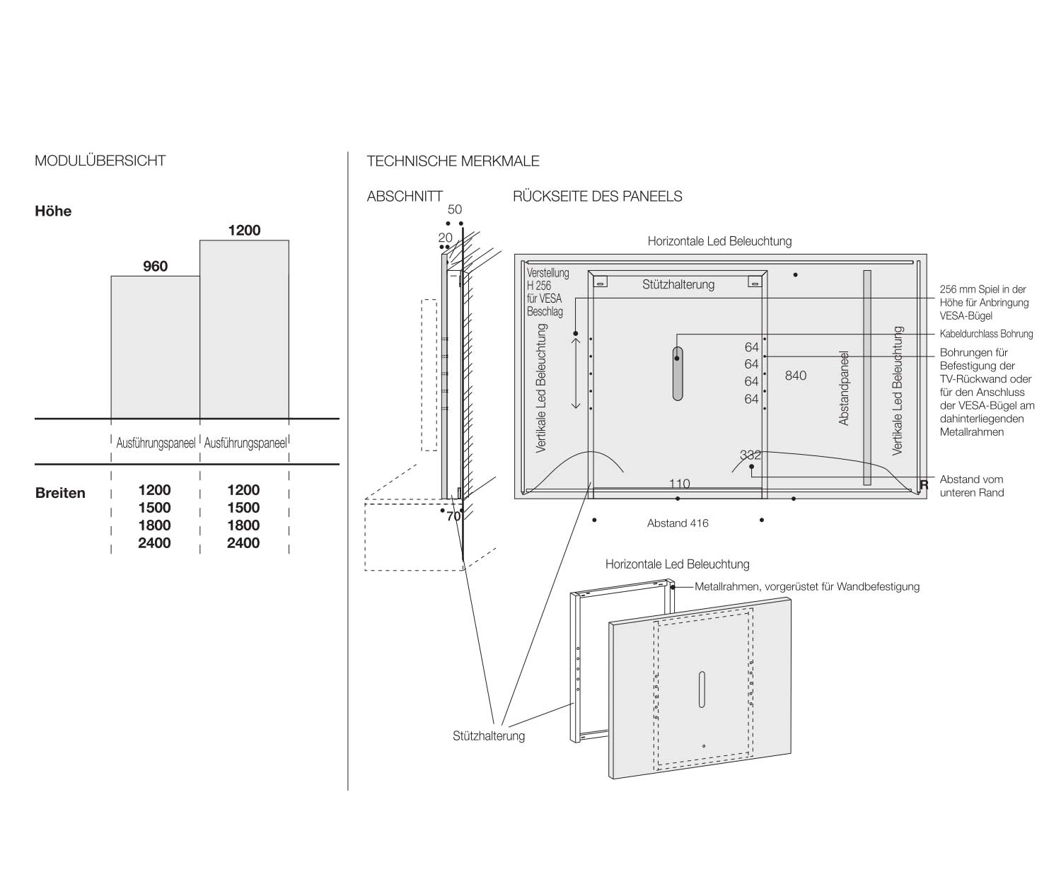 TV Design Wandpaneel 120 150 180 240 cm breit Maße Skizze Größen Größenangaben