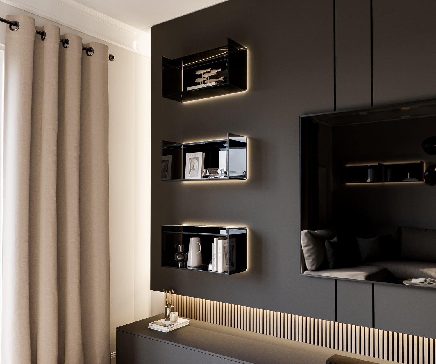 Hängendes Livitalia Glas Design Wandregal in Wohnwand Paneel integriert