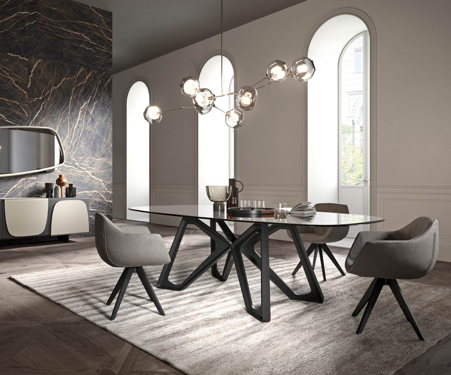 Wohnzimmer Tisch Ozzio Papillon Glas Tischplatte Gestell in dunkler Eiche