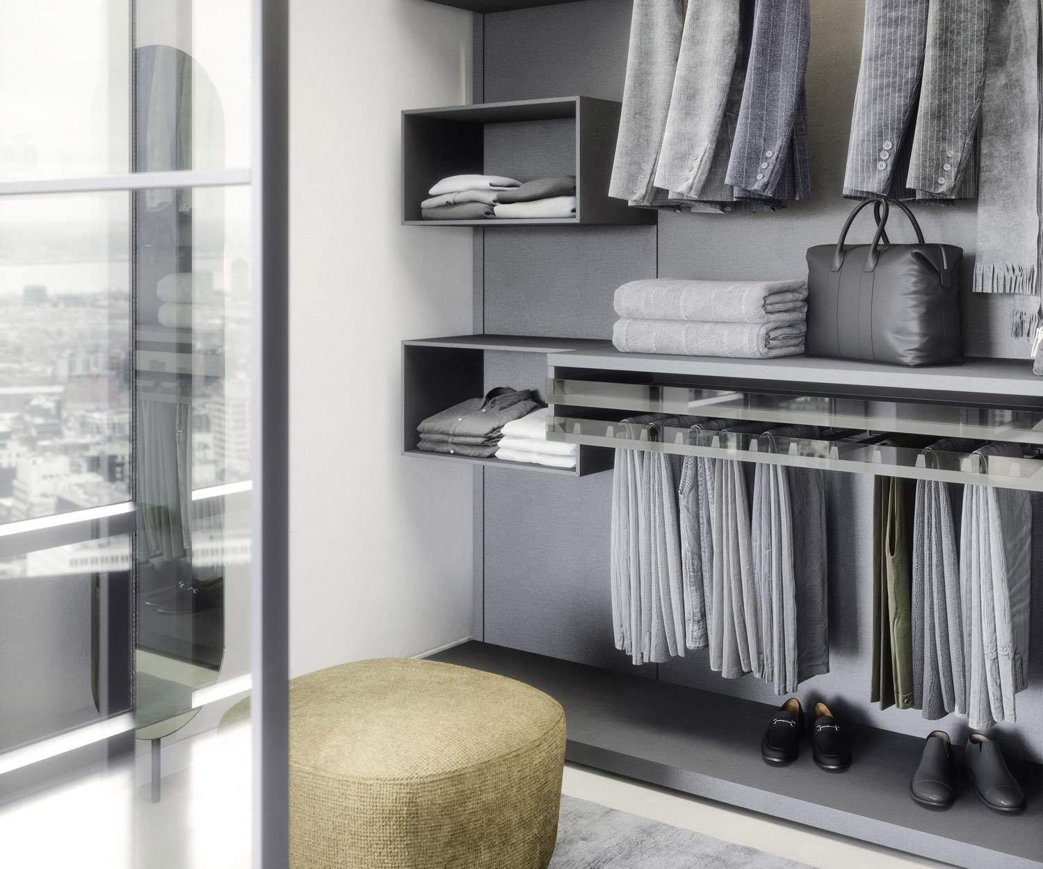 Walk In Closet Ankleidezimmerr Luxus dunkel mit LED Licht individuell